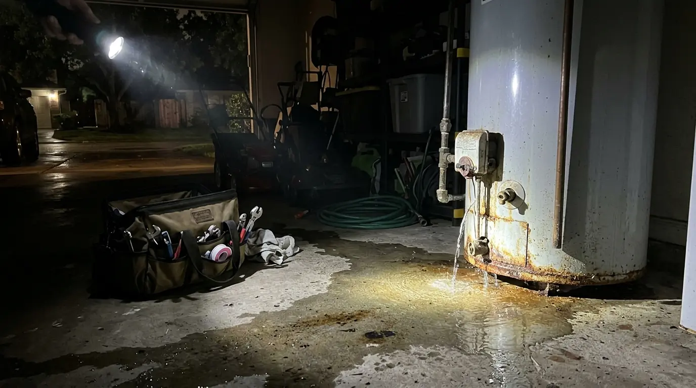 Water heater leaking onto a garage floor during an after-hours plumbing call in Houston