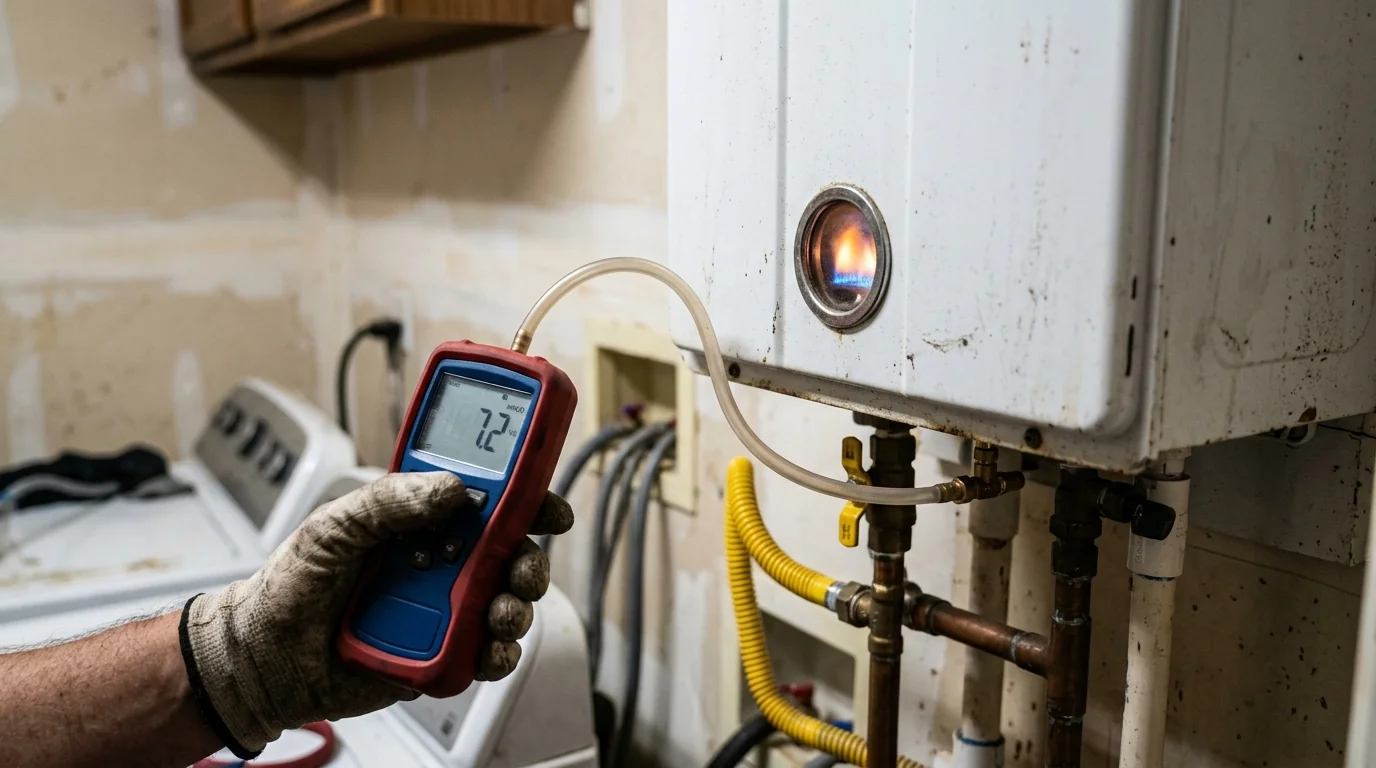 Checking gas pressure on a tankless water heater during a Houston repair