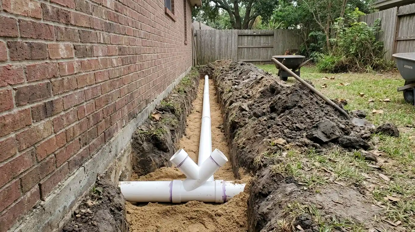 New PVC sewer line and two-way cleanout beside a brick house in southeast Houston