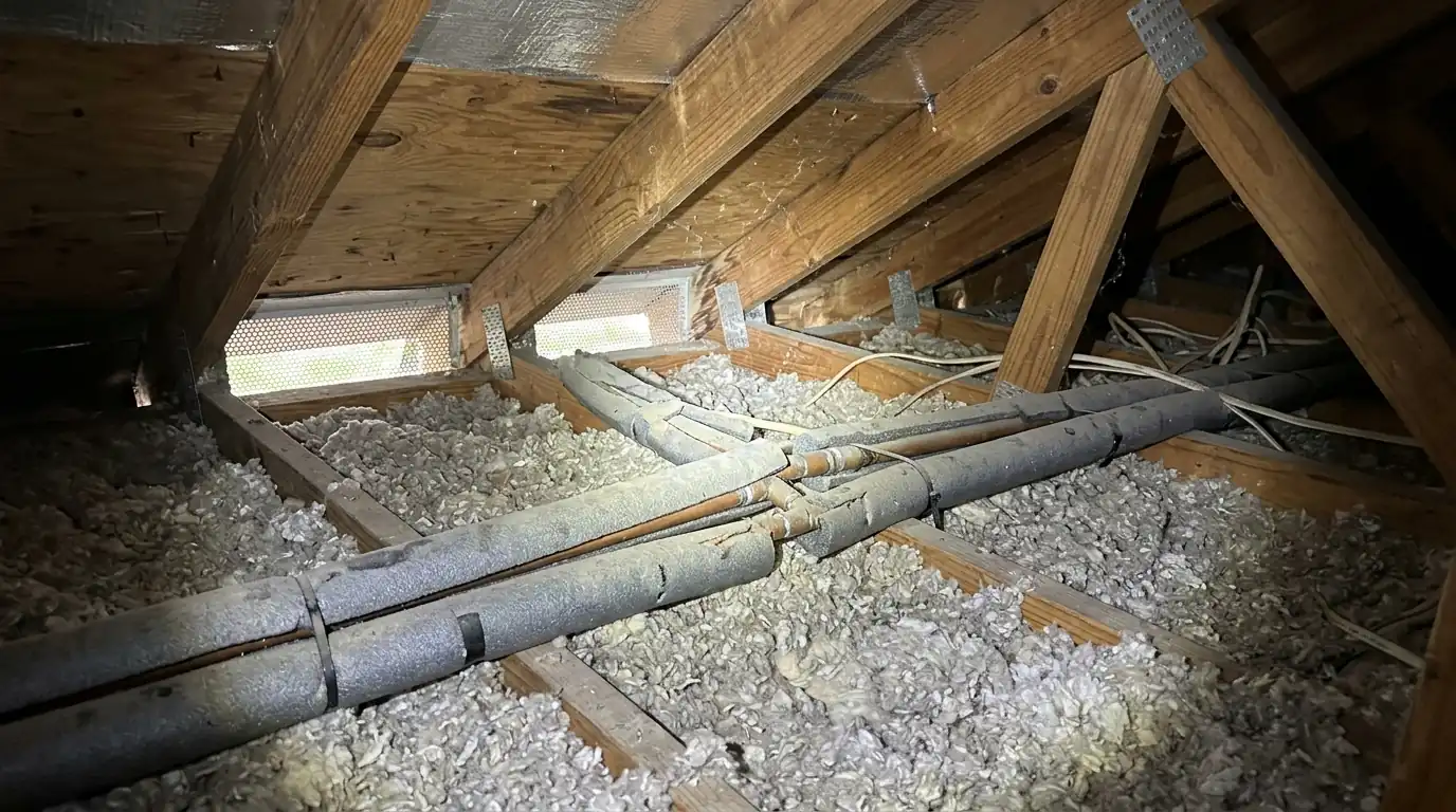 Foam insulated hose bib cover and wrapped exposed pipe on the brick wall of a Houston home before a freeze