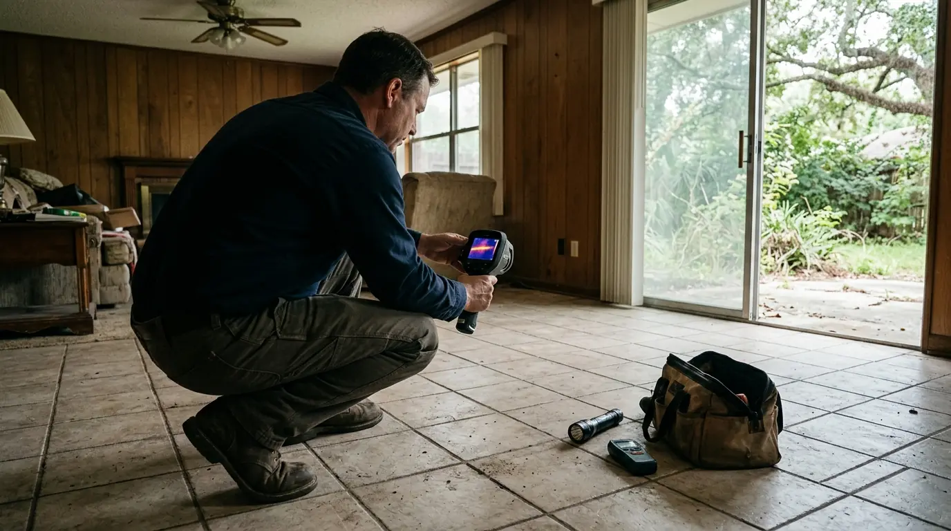 Thermal camera tracing a hot water slab leak under tile in a South Belt home
