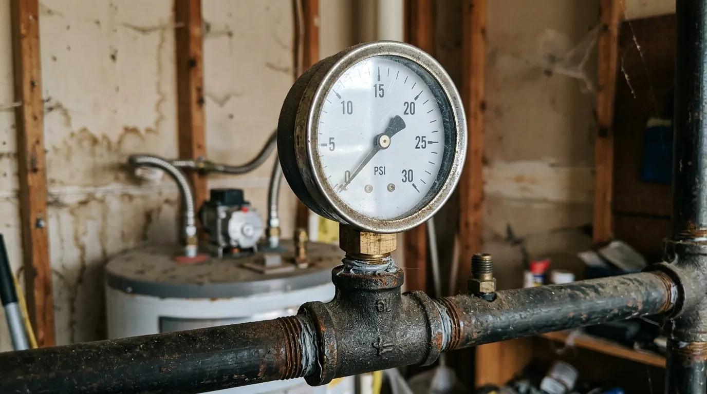 Gauge holding steady during a gas pressure test in a Houston garage