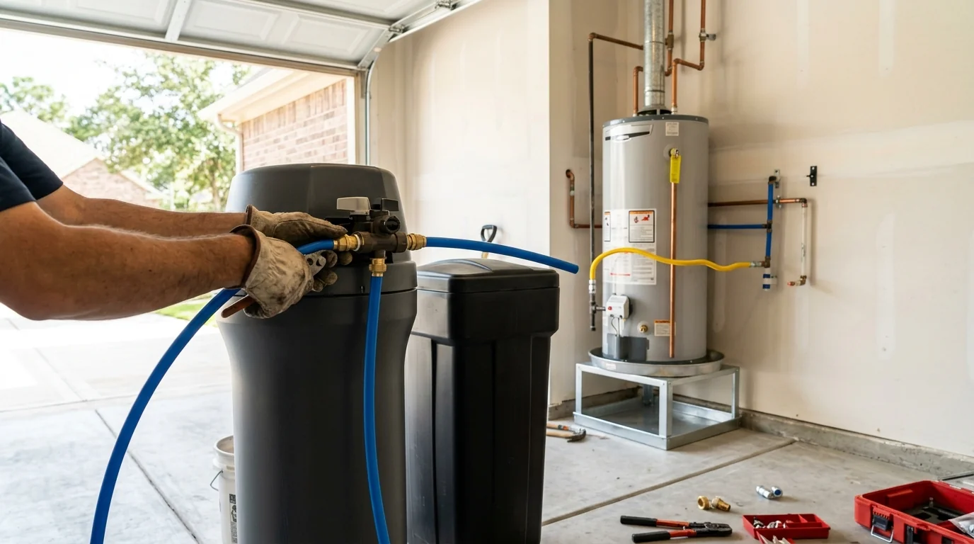 Water softener installation in the garage of a Minnetex home