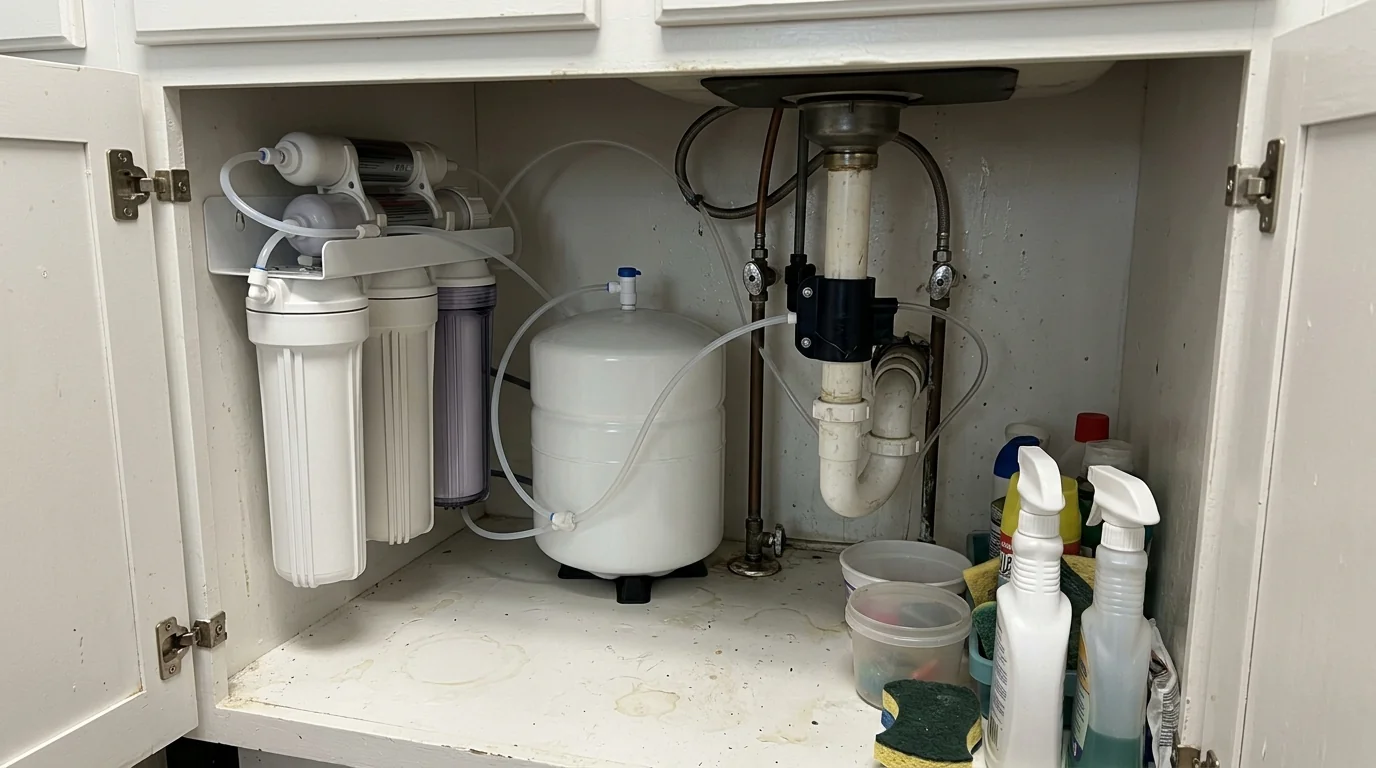 Reverse osmosis unit installed under a kitchen sink in a Houston home