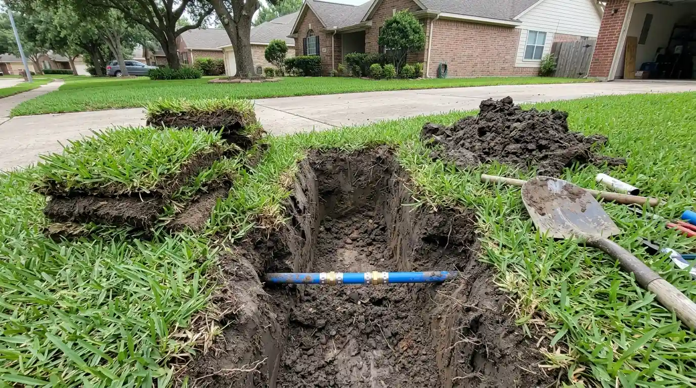 Repaired water service line in an open hole in a Houston yard