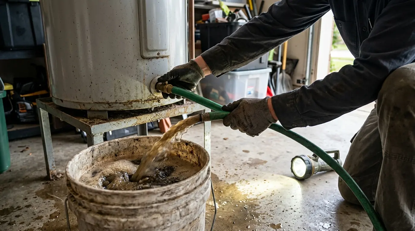 Sediment flush on a tank water heater in a League City, TX garage