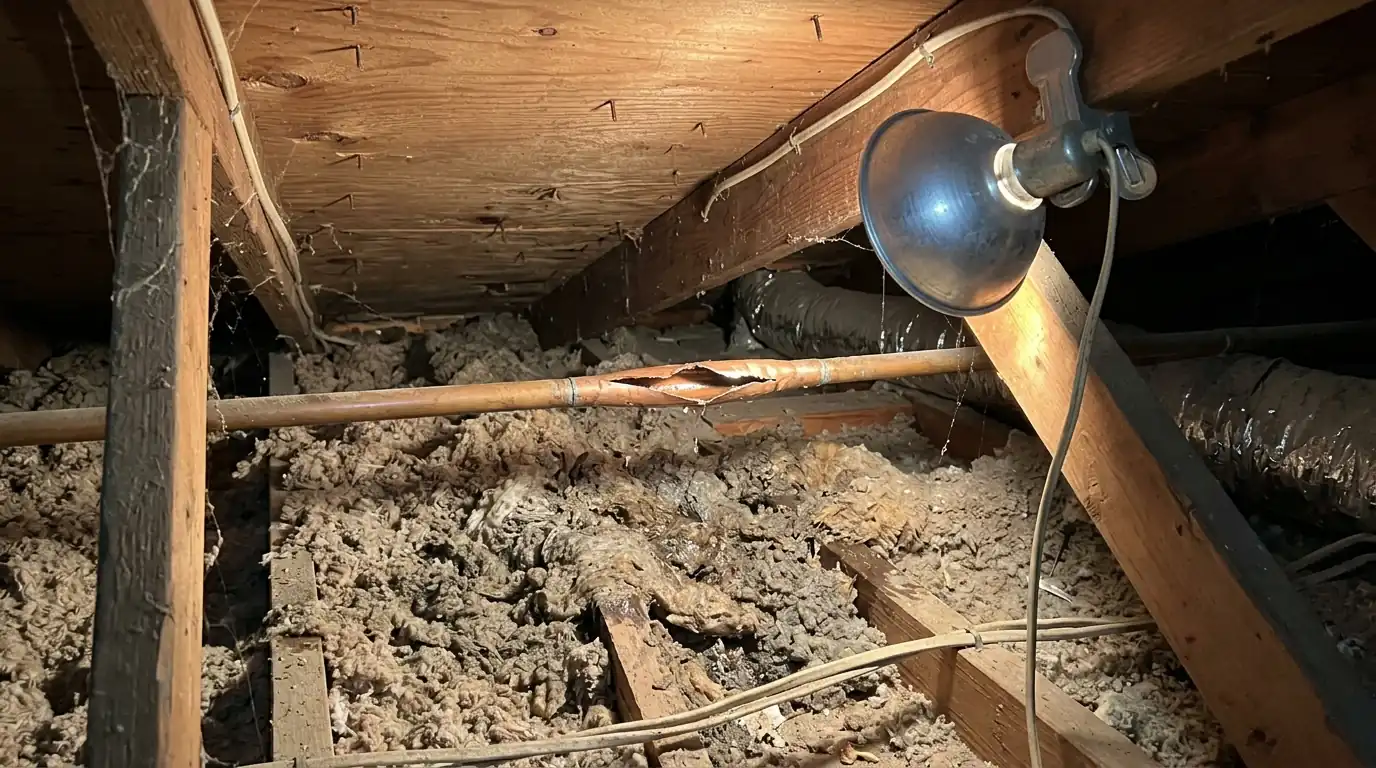 Freeze-split copper pipe in a Houston attic before repair