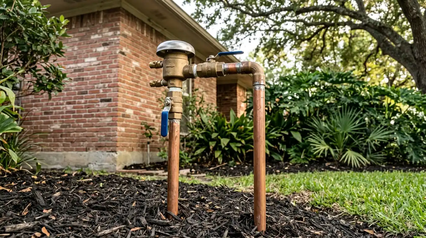 New pressure vacuum breaker on a sprinkler line at a Houston home