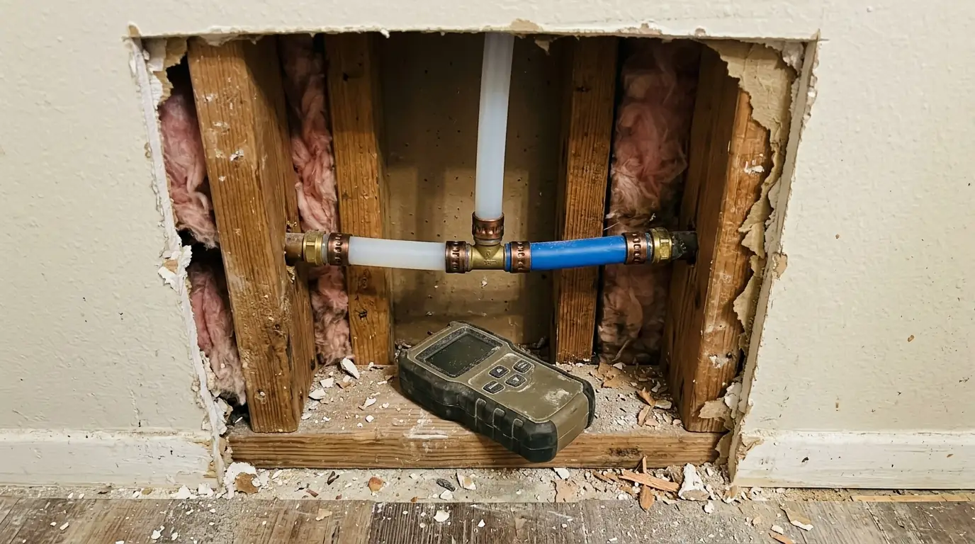 New PEX section installed in an opened wall after a burst pipe in Houston