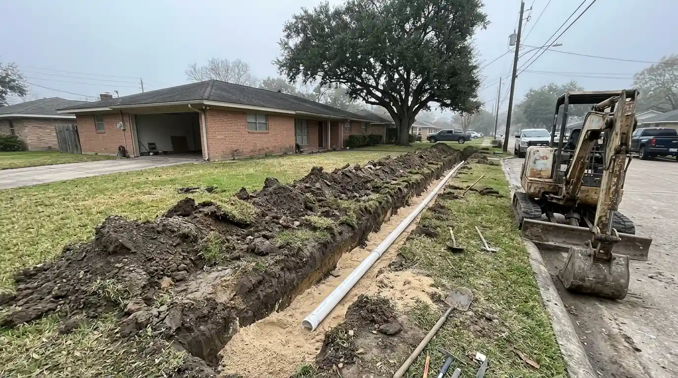 New PVC sewer line laid in a trench at a Houston home