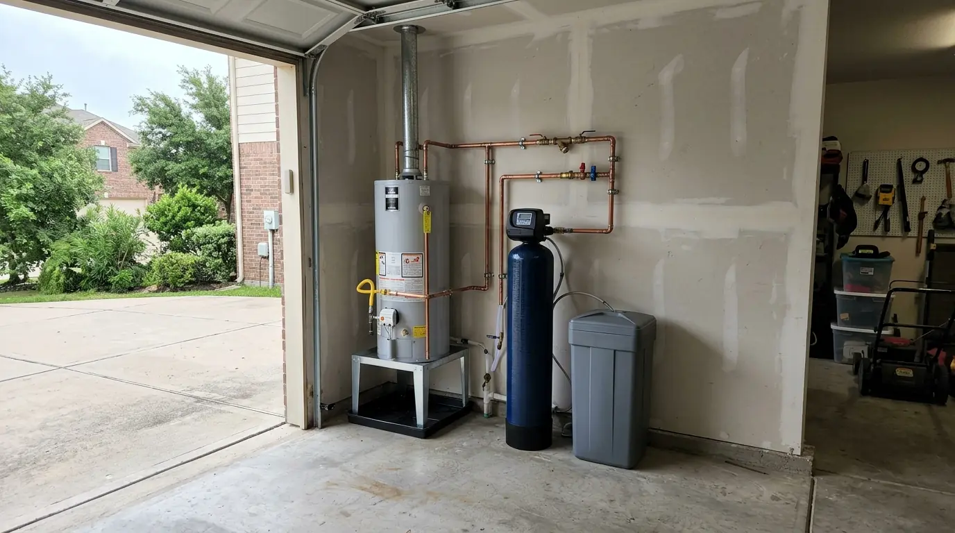 Water softener and heater installed in a north Brazoria County, TX garage