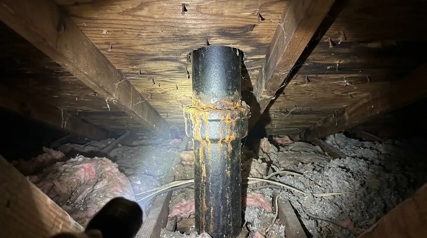 Cracked cast iron vent stack in a Houston attic letting sewer gas escape
