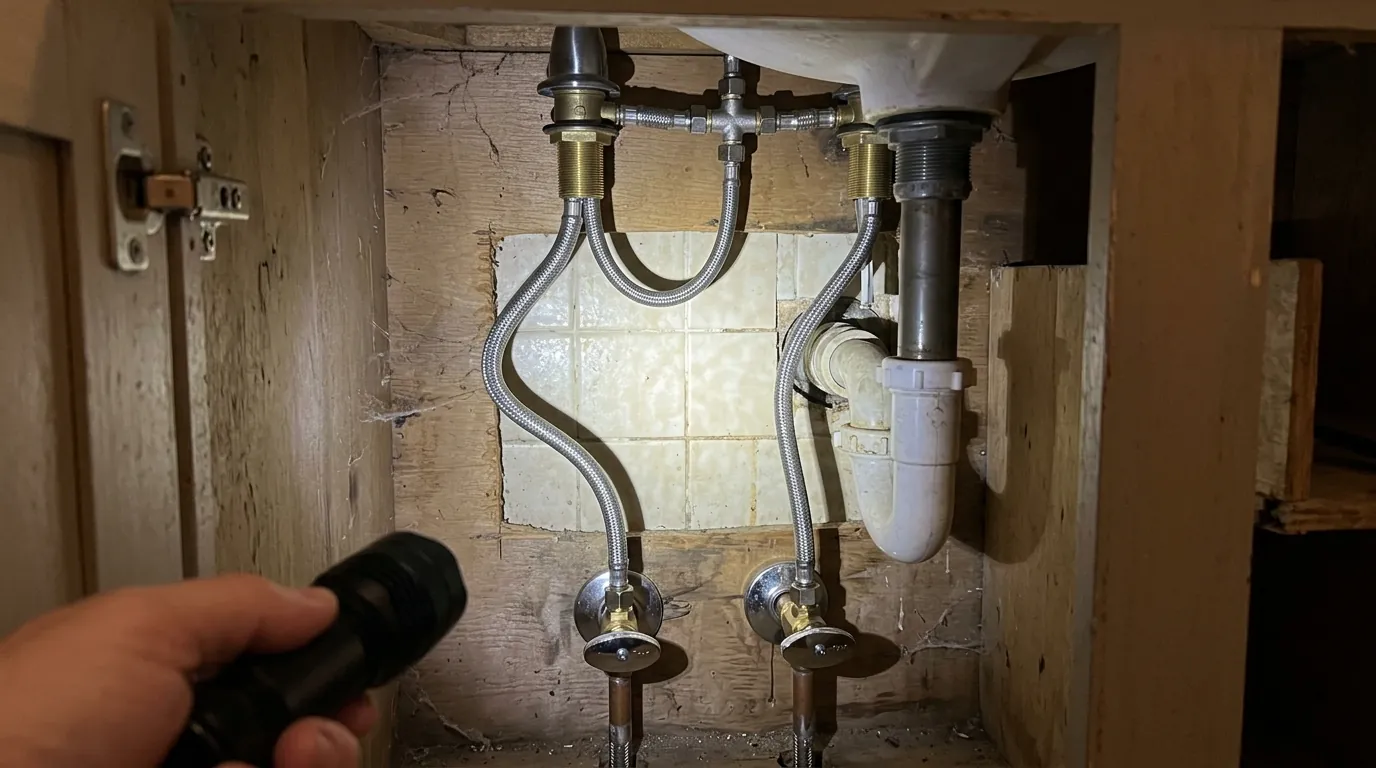 New supply lines and angle stops under a bathroom faucet in a Houston home