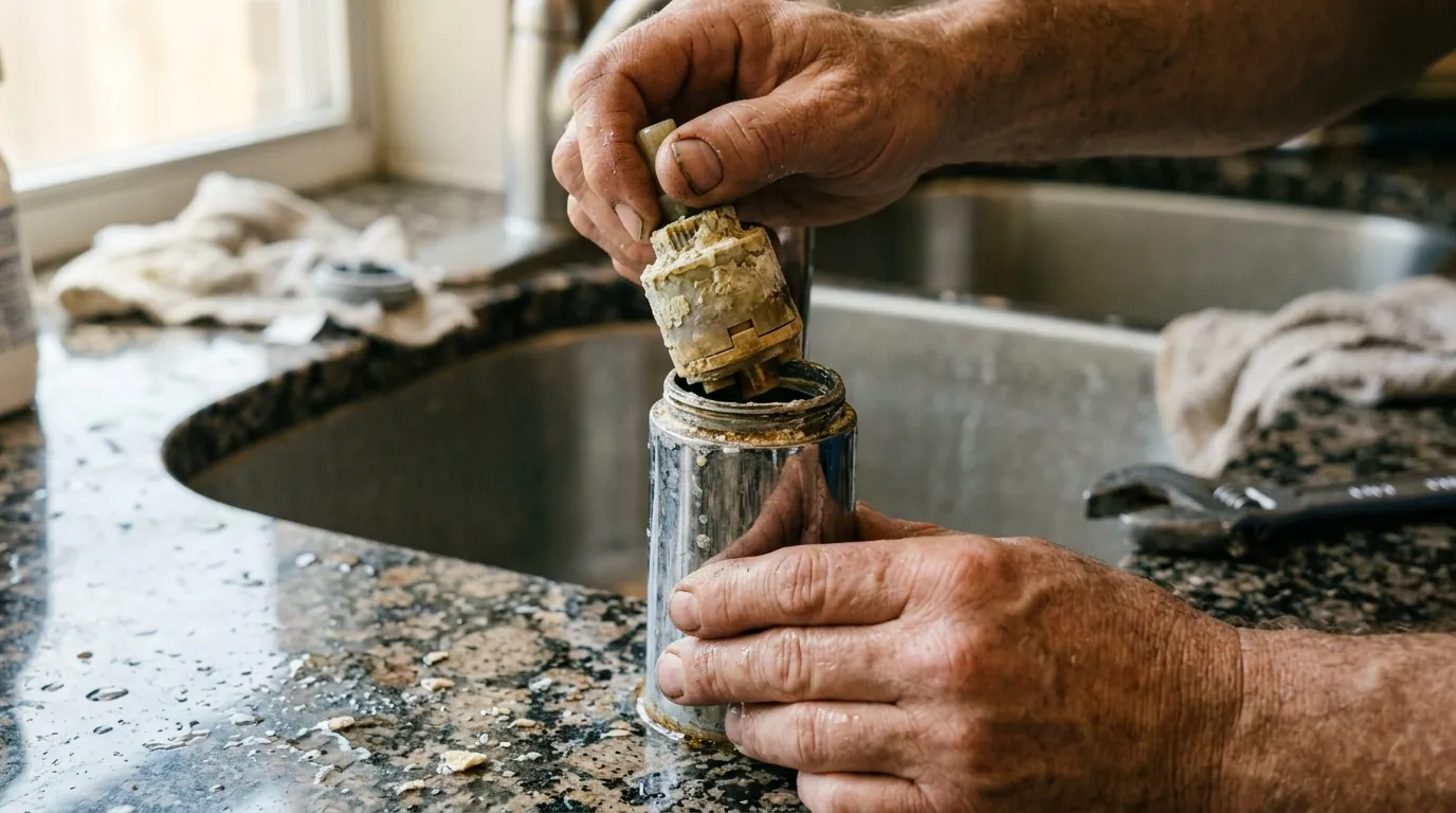 Worn faucet cartridge with hard water scale removed from a Houston kitchen faucet