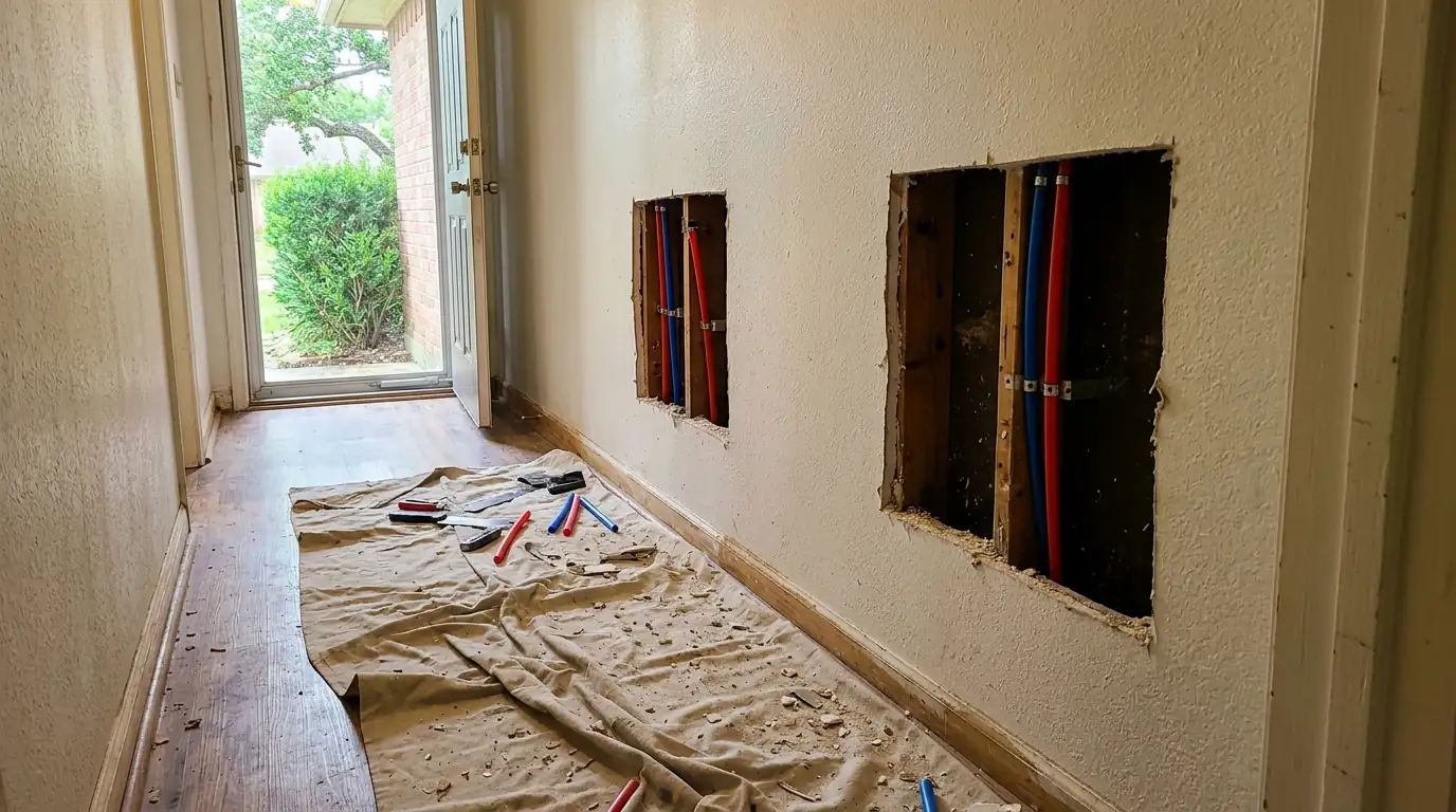 Drywall access openings during a whole-house repipe in a Deer Park, TX home