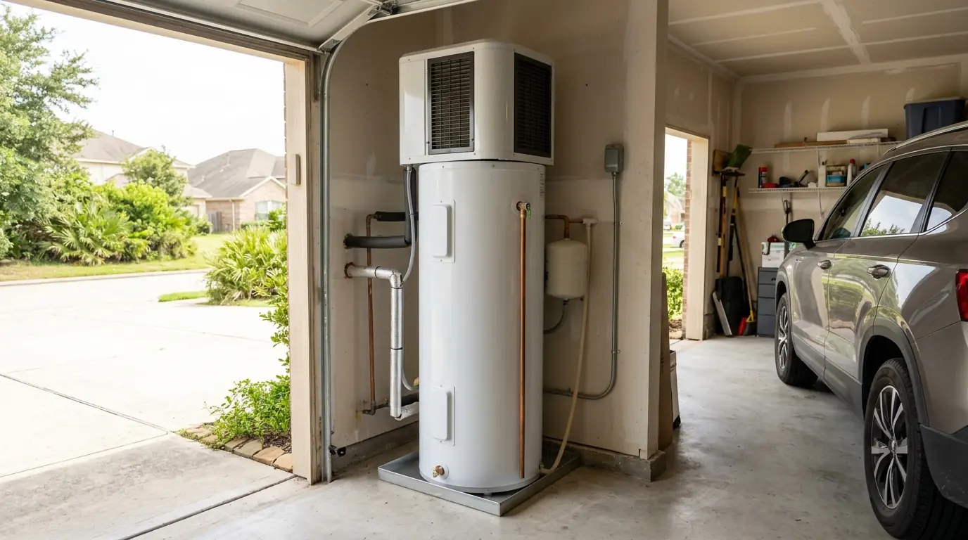 Hybrid heat pump water heater installed in a Houston home garage