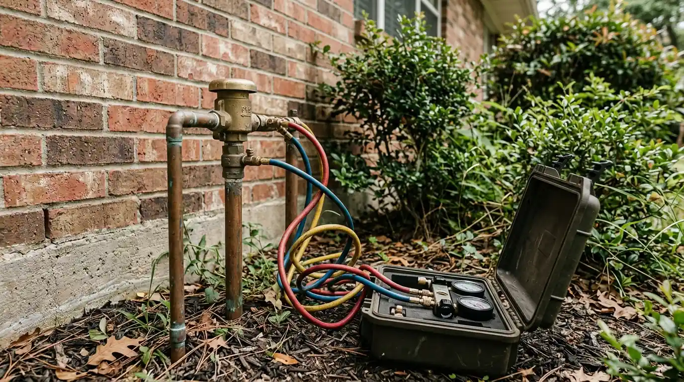 Gauge kit connected to an irrigation backflow device at a Houston home