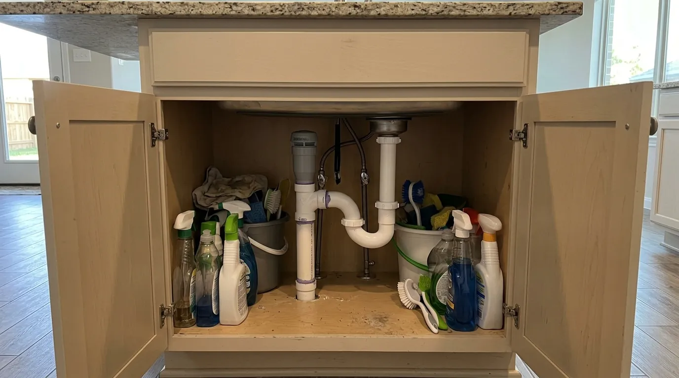 New P-trap and air admittance valve under a kitchen island sink in Houston