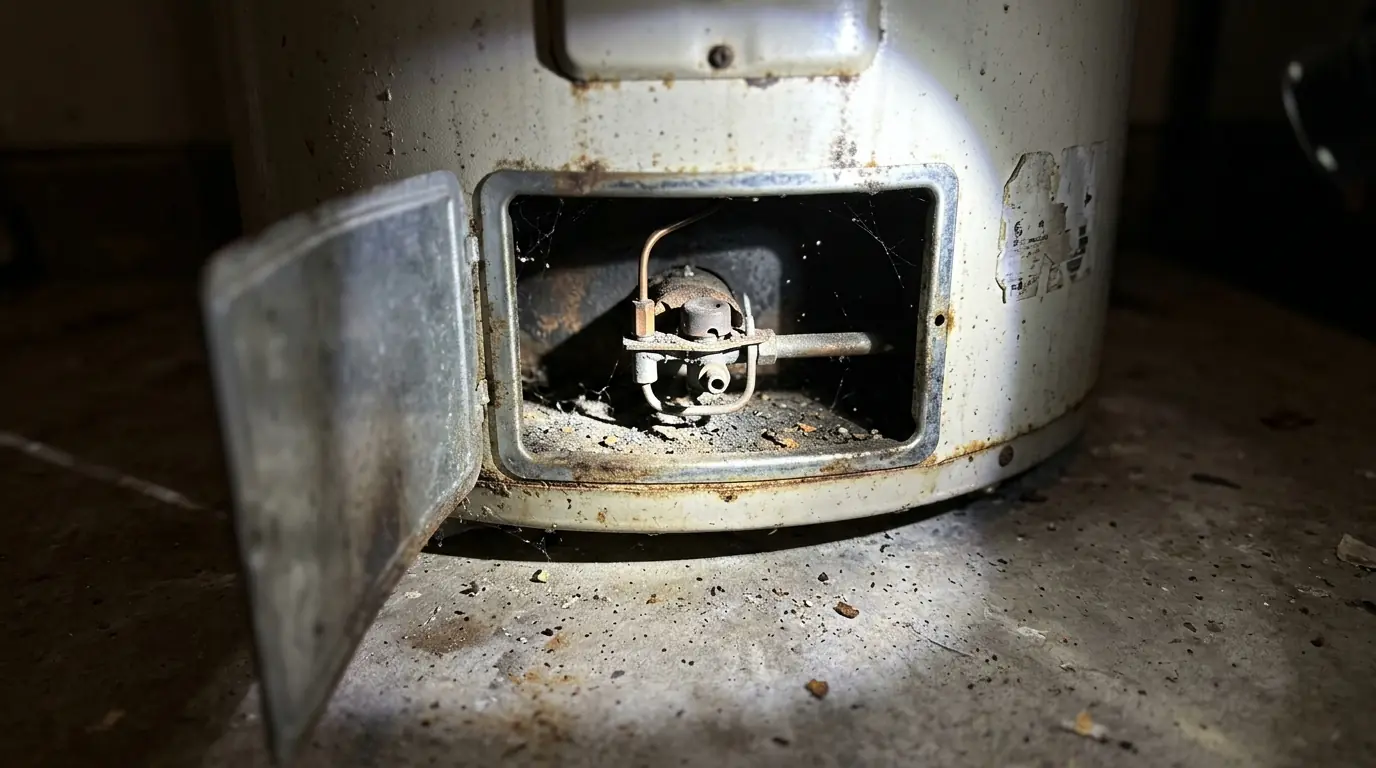 Pilot assembly and thermocouple on a gas water heater during a Houston repair