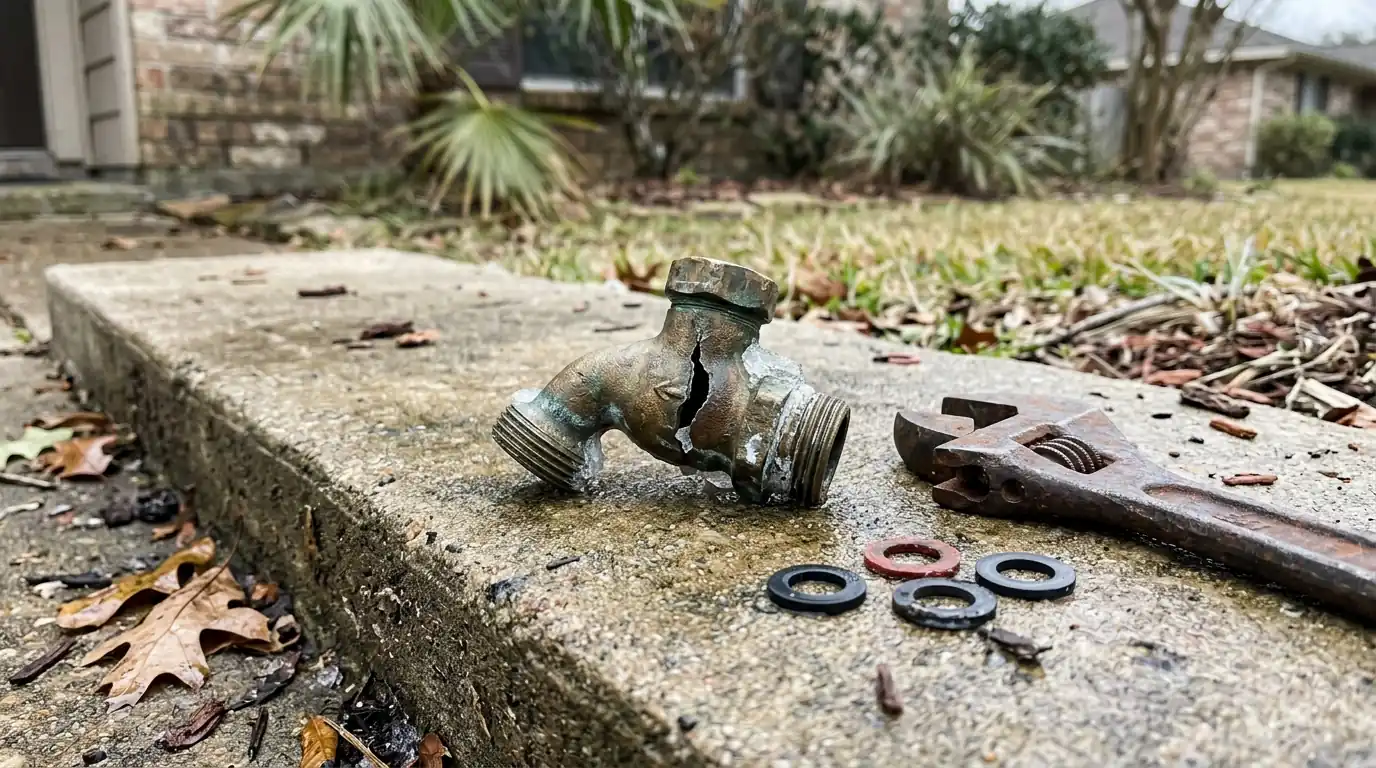 Freeze-split hose bib removed for replacement at a Houston house