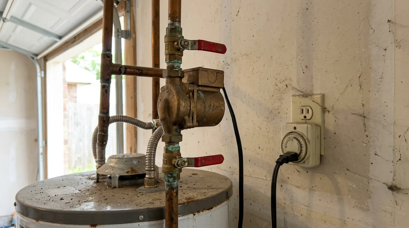Recirculation pump with timer installed above a water heater in Houston