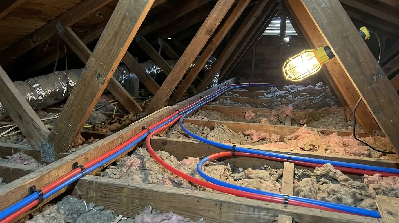 New PEX line rerouted through an attic to bypass a slab leak