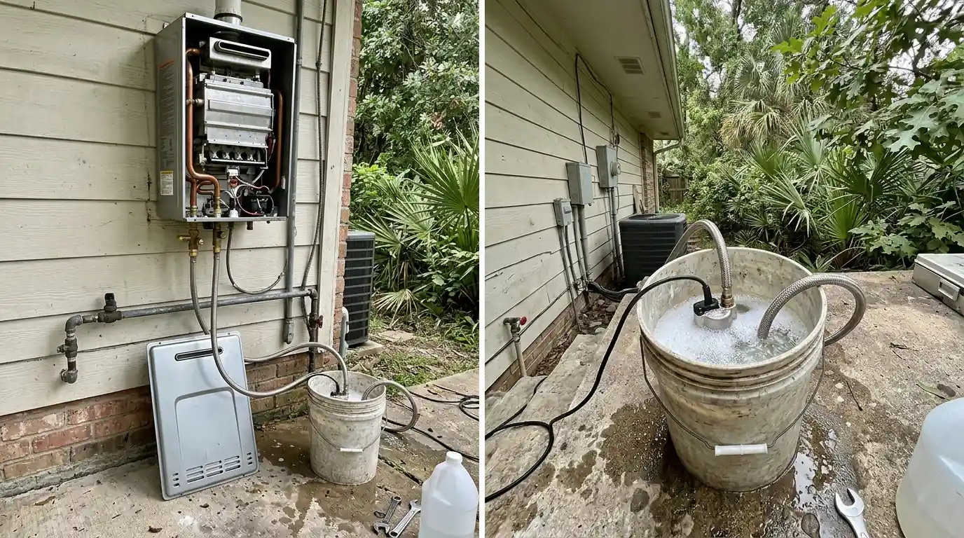 Descaling a tankless water heater heat exchanger in a Houston home