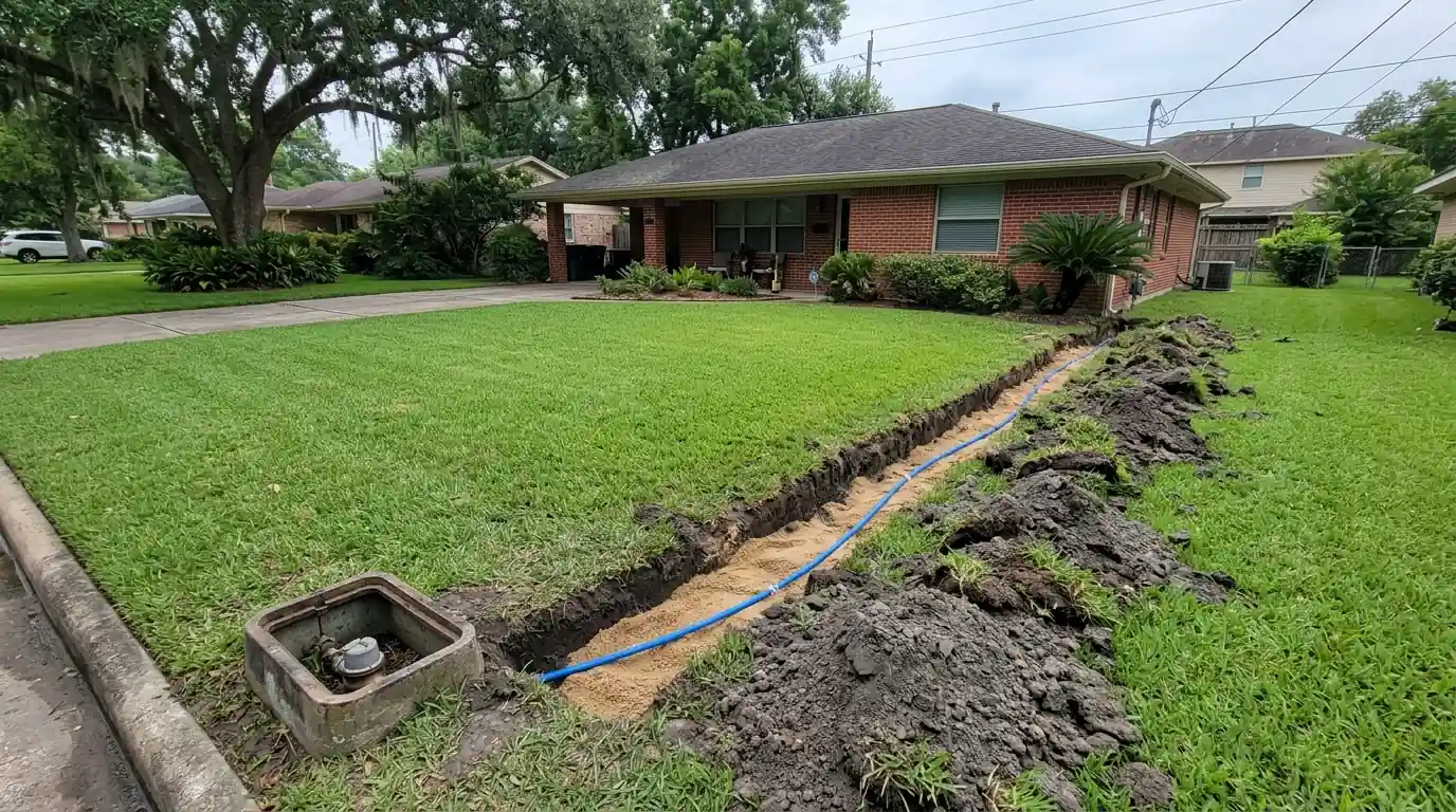 Trench with a new water service line running to a Houston brick home