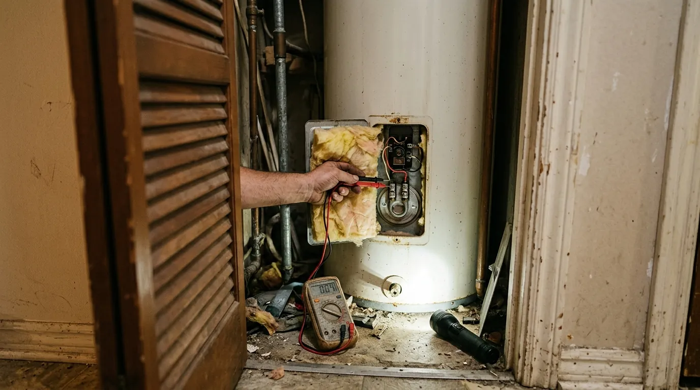 Testing an electric water heater element in a Houston utility closet