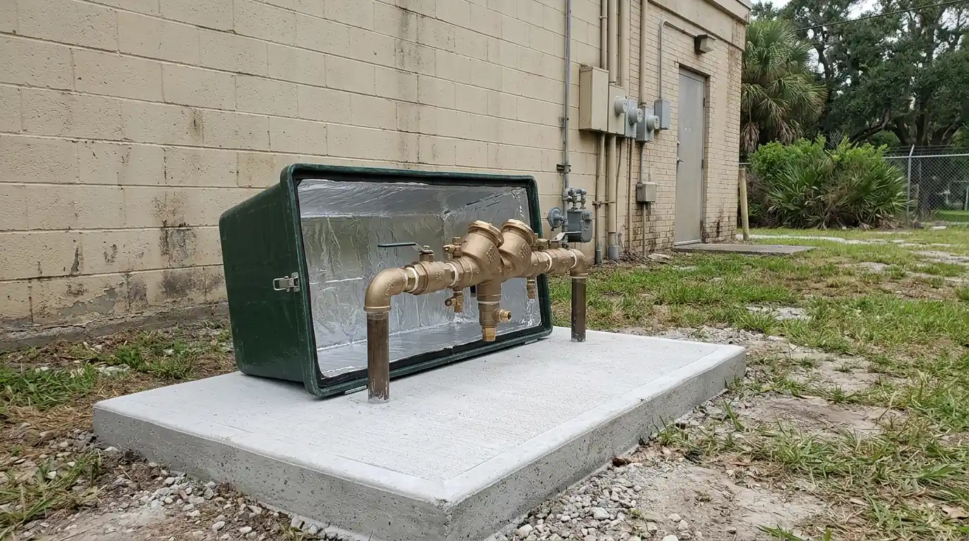 New RPZ backflow assembly installed outside a Houston restaurant