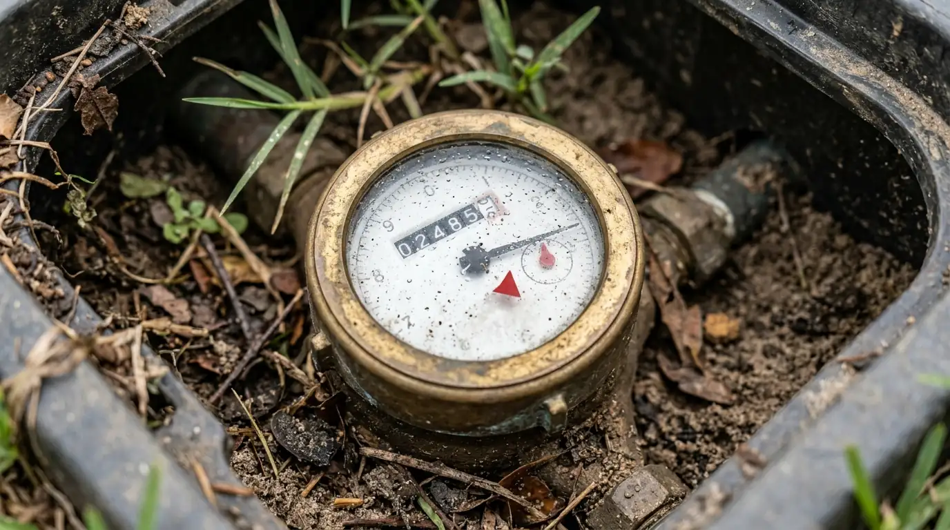 Water meter dial with the small leak indicator visible