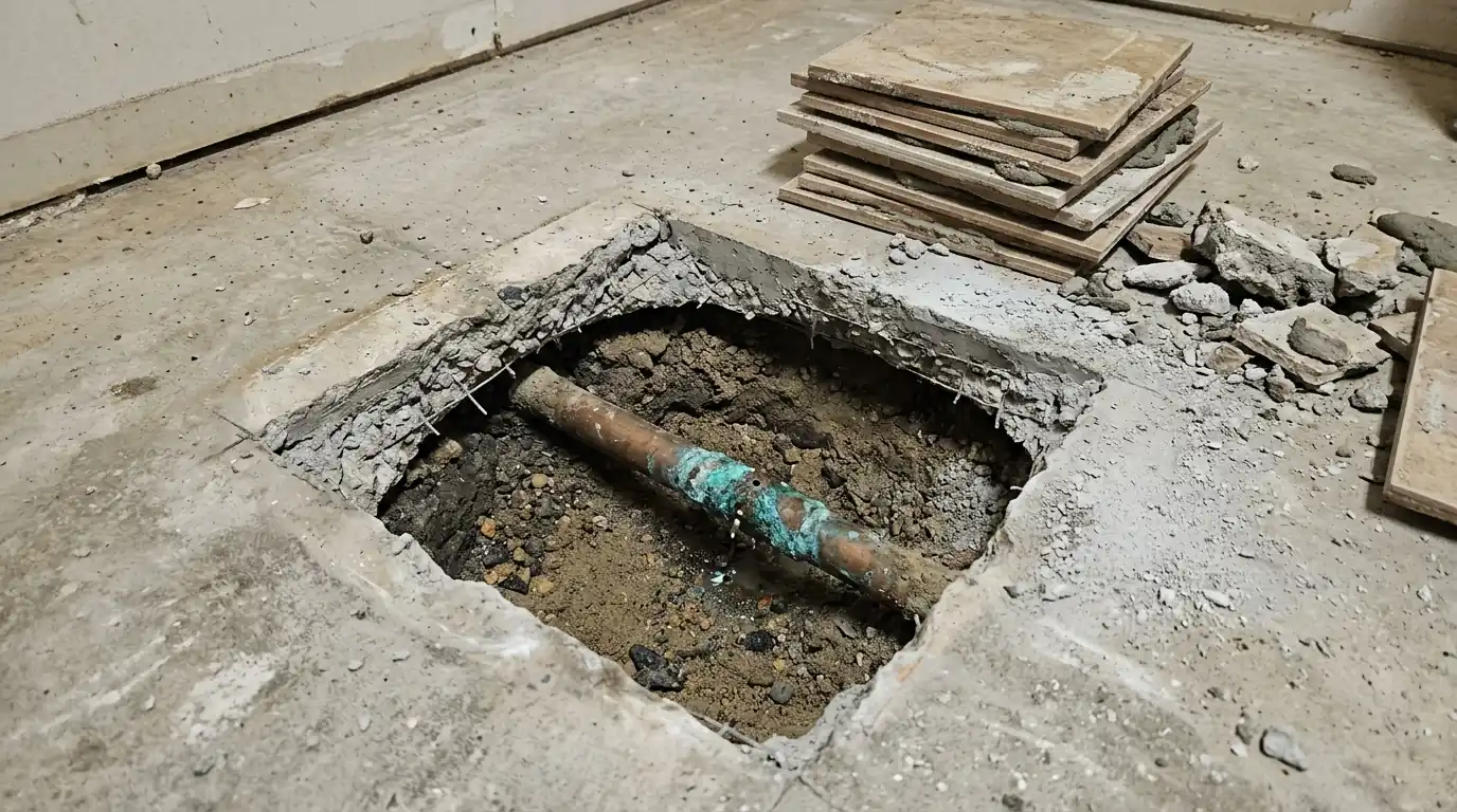 Opening cut in a Houston slab exposing a leaking copper water line