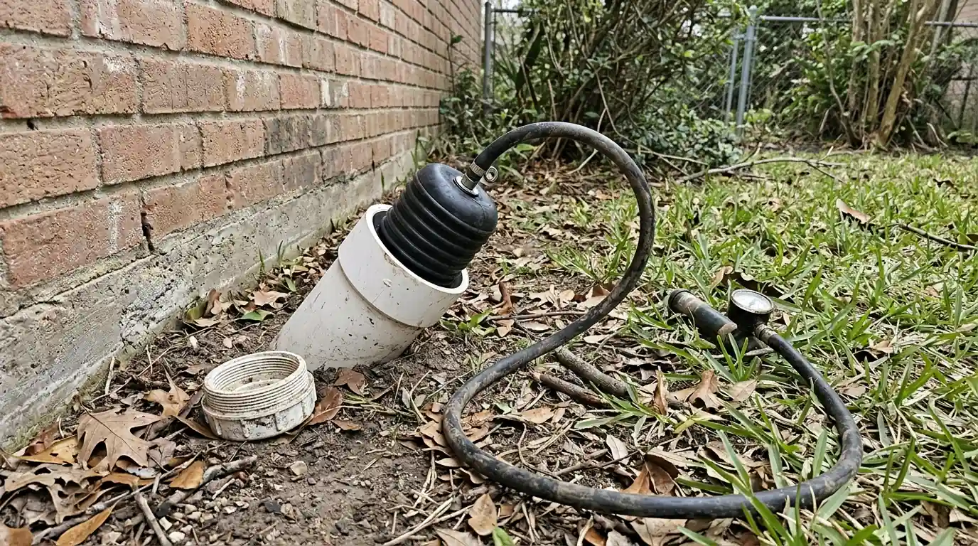 Test plug set in a sewer cleanout for a hydrostatic drain test at a Houston house