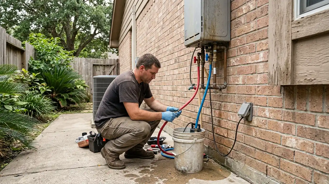 Plumber descaling a tankless water heater with a flush kit