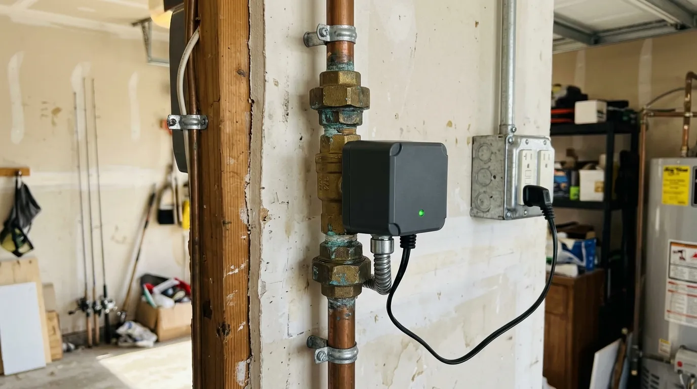 Smart water shut-off valve on the main line in a Houston garage