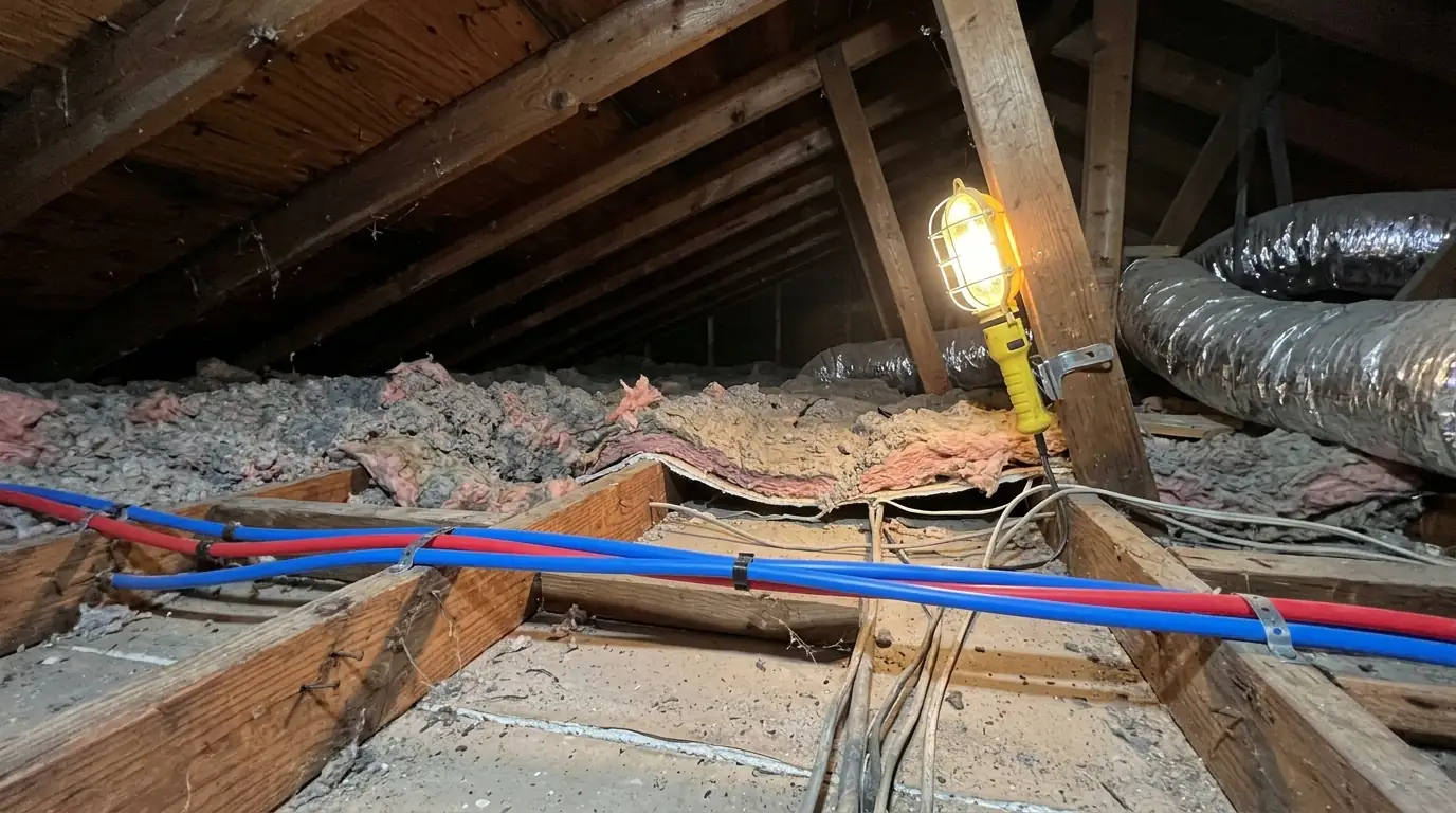 Red and blue PEX lines strapped in a Houston attic during a whole-house repipe