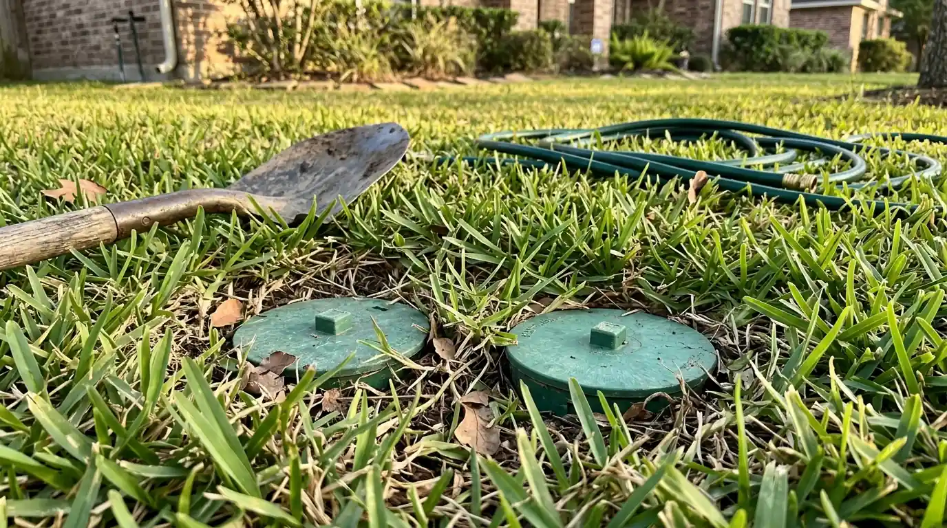 Two finished sewer cleanout caps set at grade in a Houston front yard