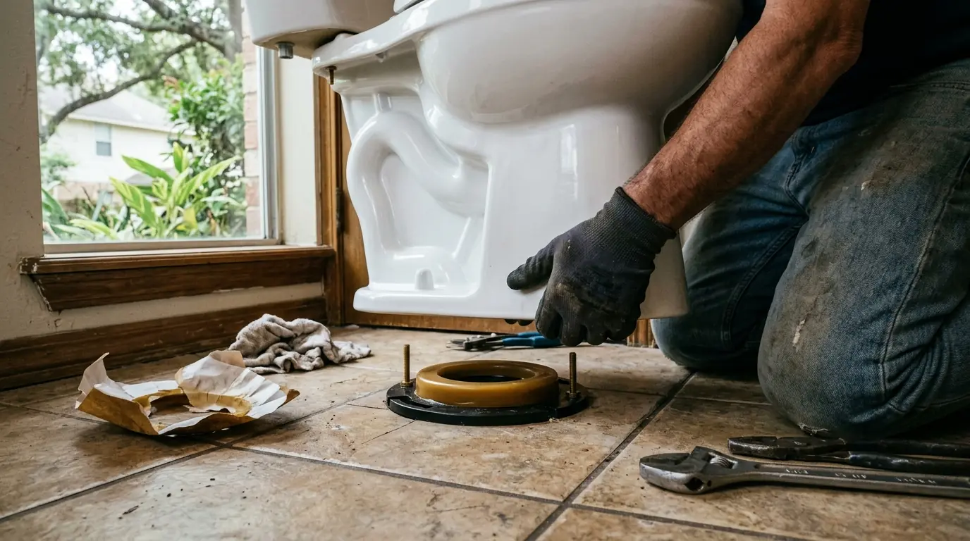 Plumber setting a new toilet on a fresh flange
