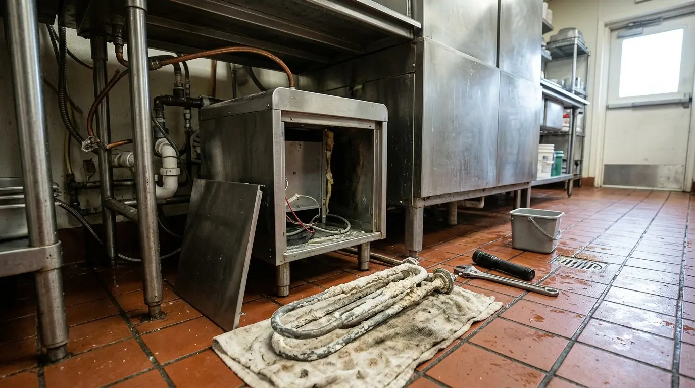 Scaled booster heater element removed from a Houston restaurant dish machine