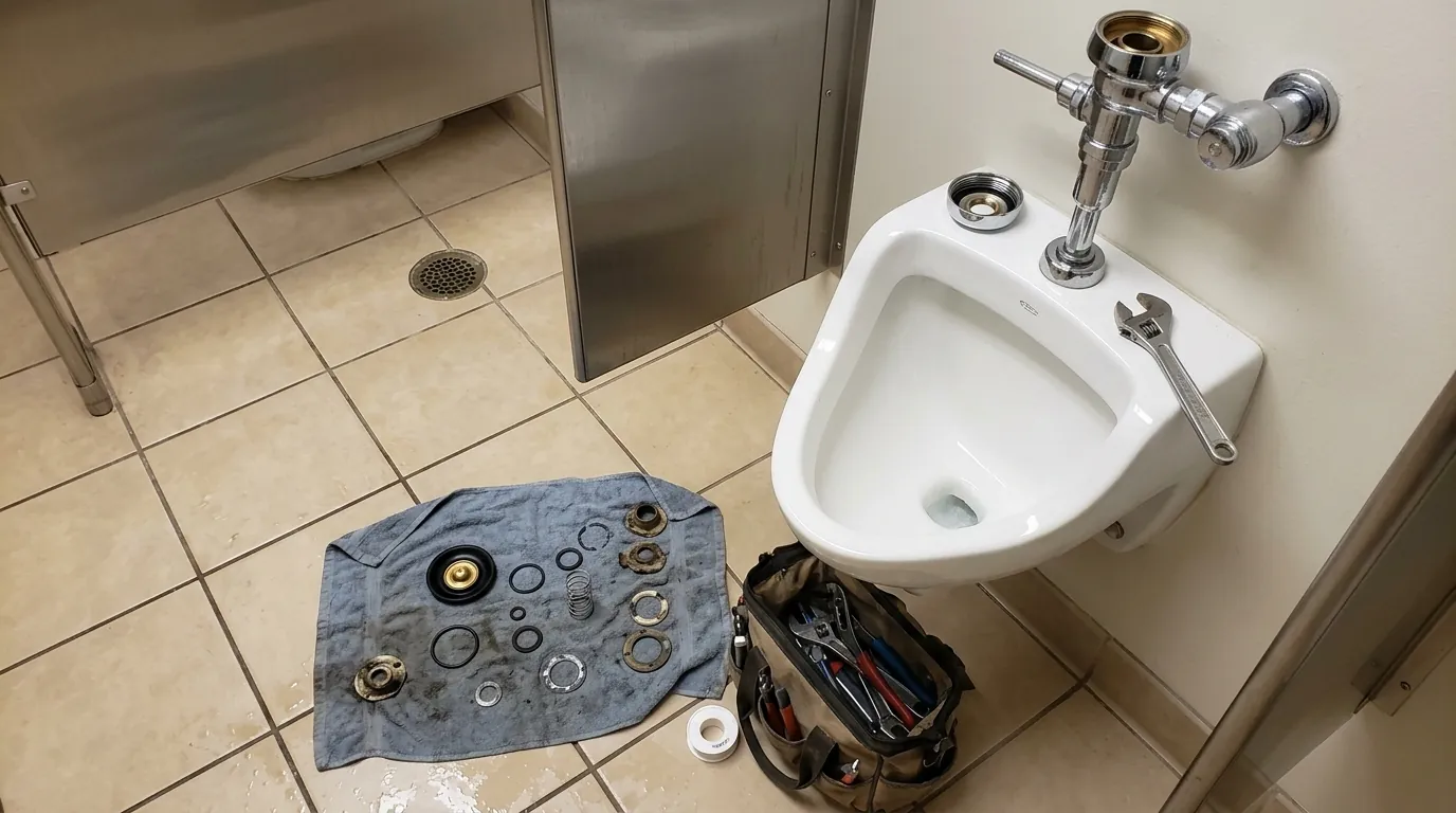 Flushometer valve being rebuilt in a Houston commercial restroom