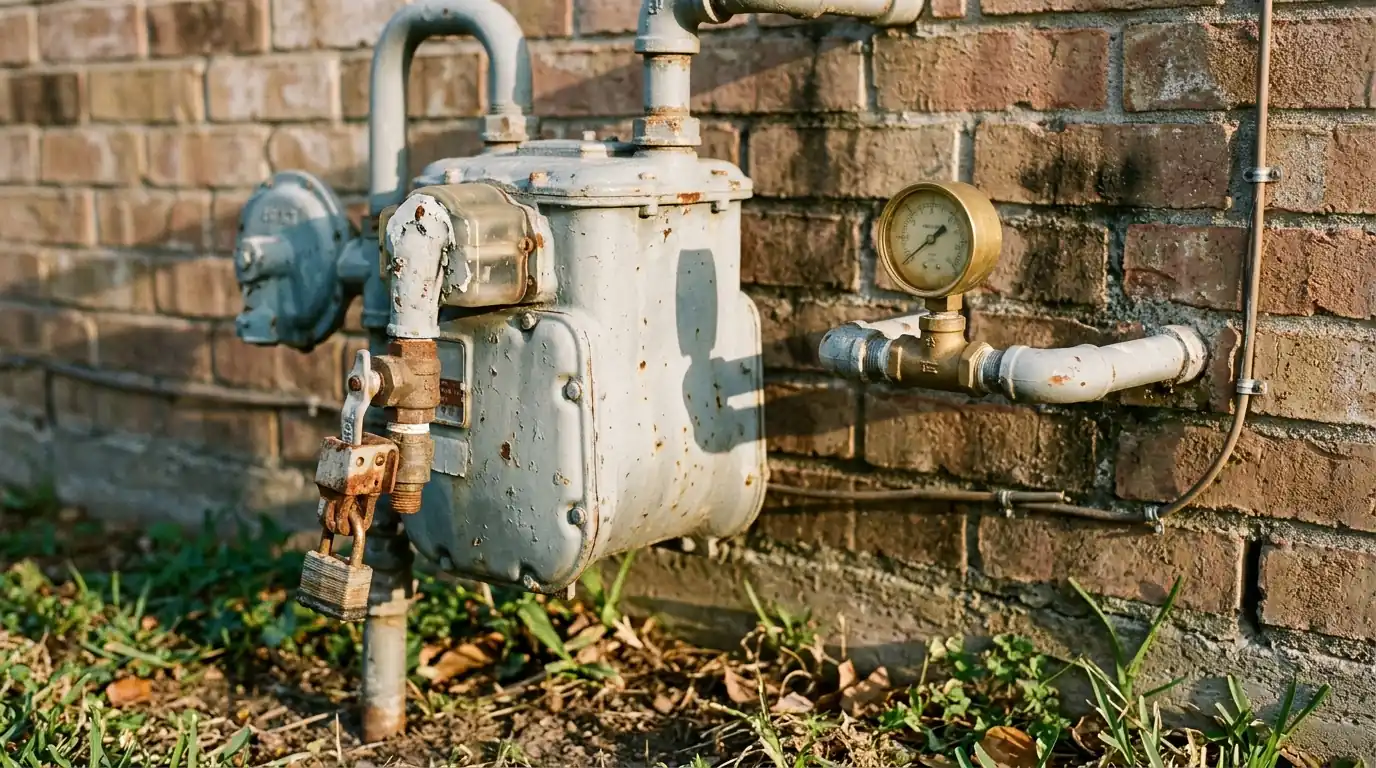Gas meter with a locked shut-off valve and a pressure test gauge on the house line at a Houston home
