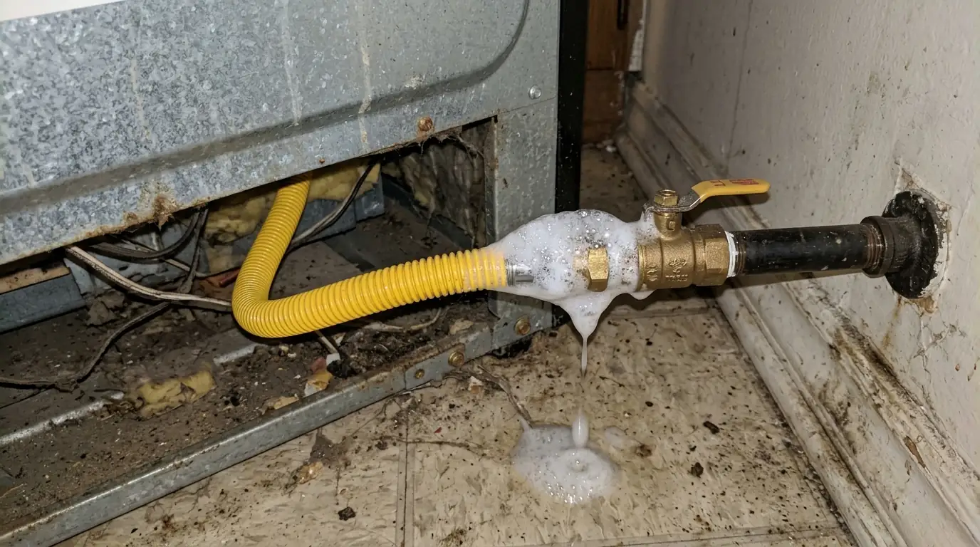 Bubble test on a leaking range gas connector in a Houston kitchen