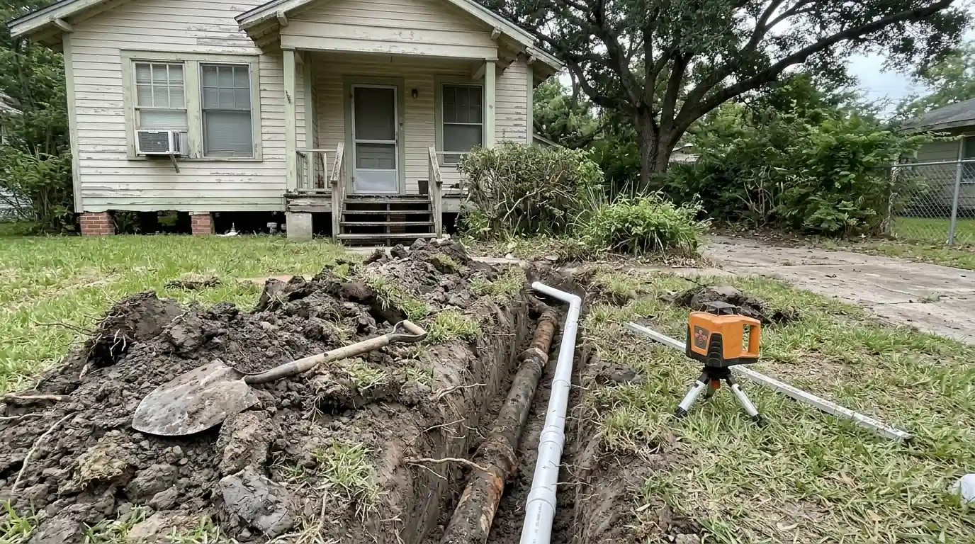 Sewer line replacement in the front yard of a Meadowbrook / Allendale home