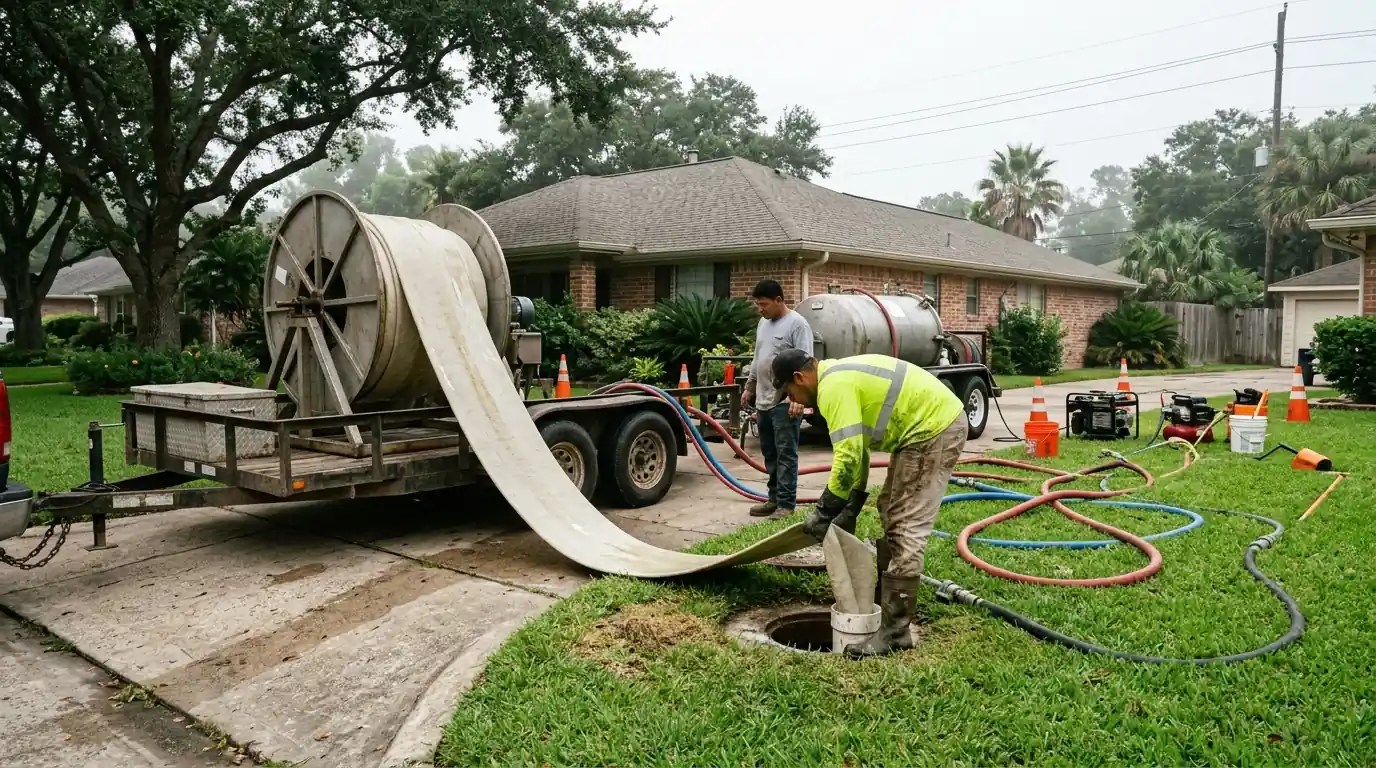 Cured-in-place liner fed into a Houston sewer line under a driveway