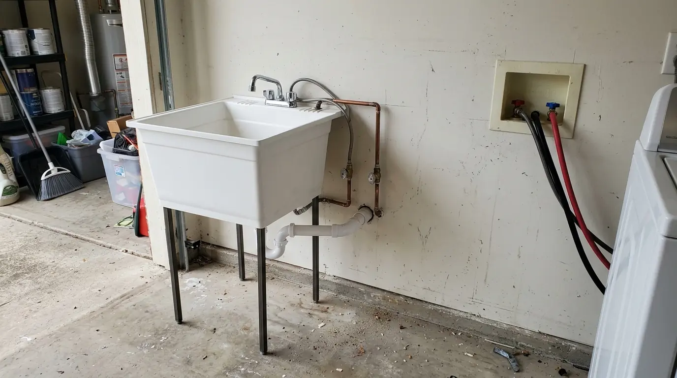 Utility laundry sink plumbed beside a washer box in a Houston garage