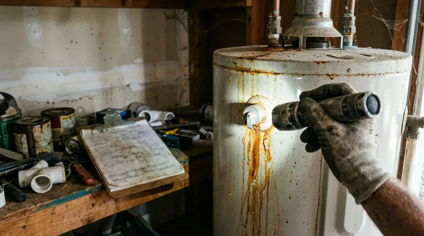 Water heater relief valve being checked during a Houston plumbing inspection