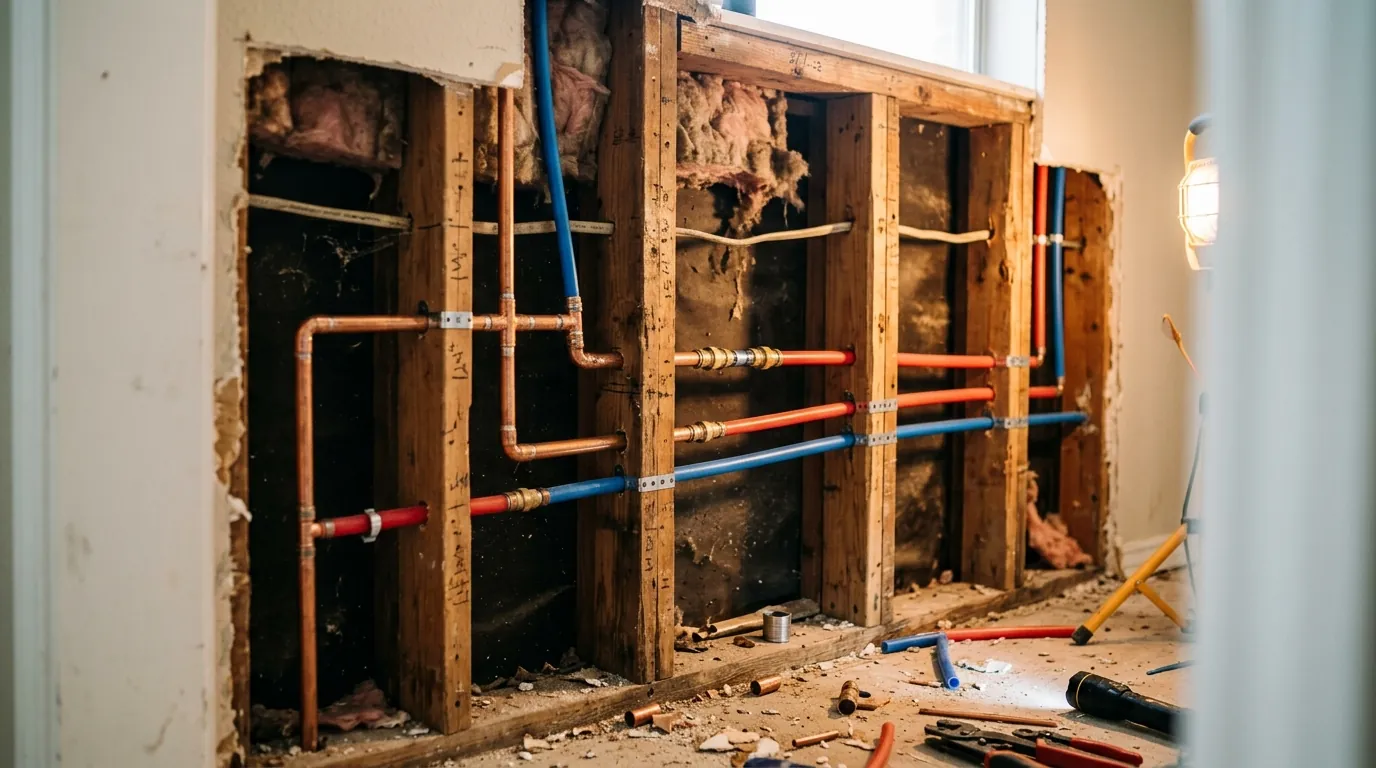 New water lines strapped in an open wall during a repipe