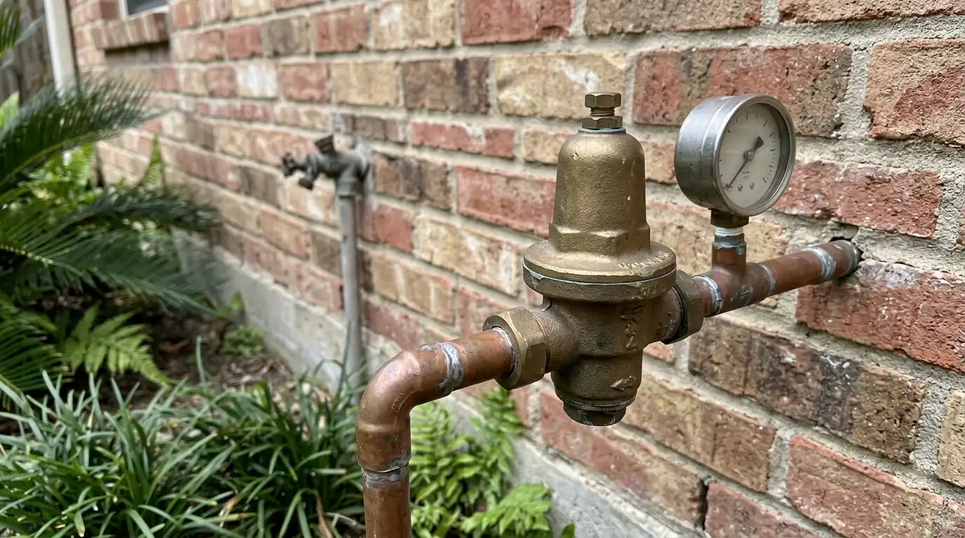 Pressure reducing valve on the main water line outside a Houston home