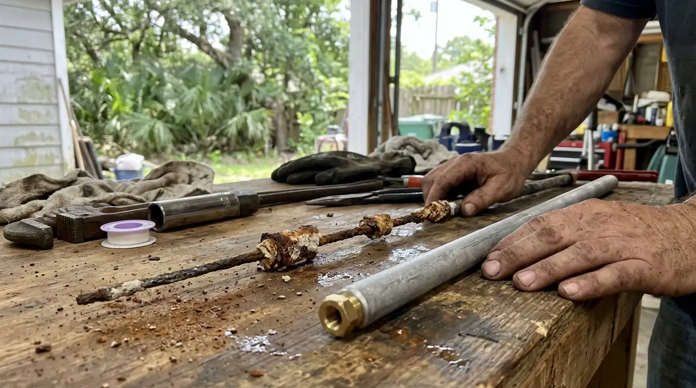 Worn anode rod next to a new one during Houston water heater service