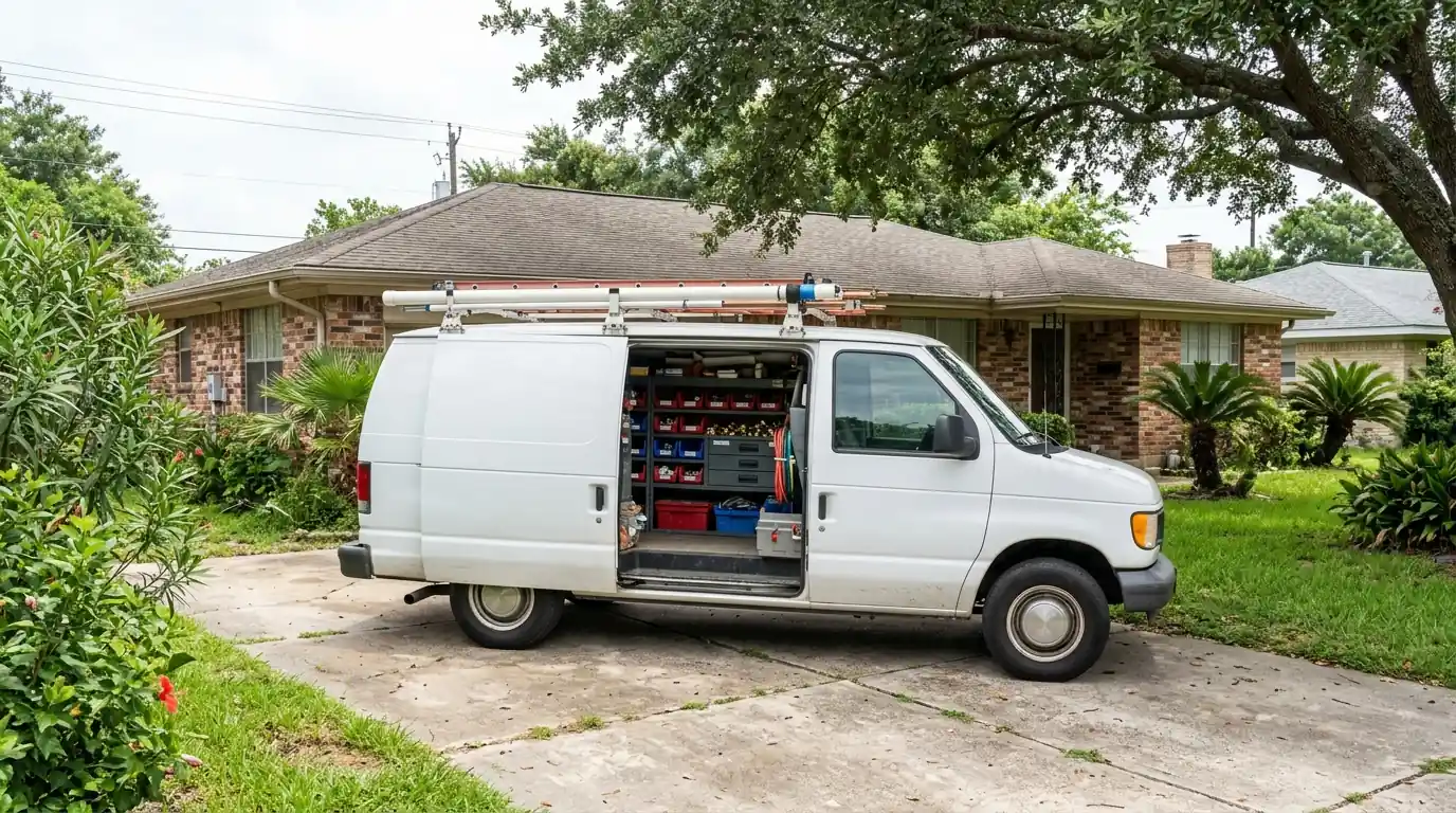Backflow test kit hoses connected to an irrigation backflow assembly beside a Houston home